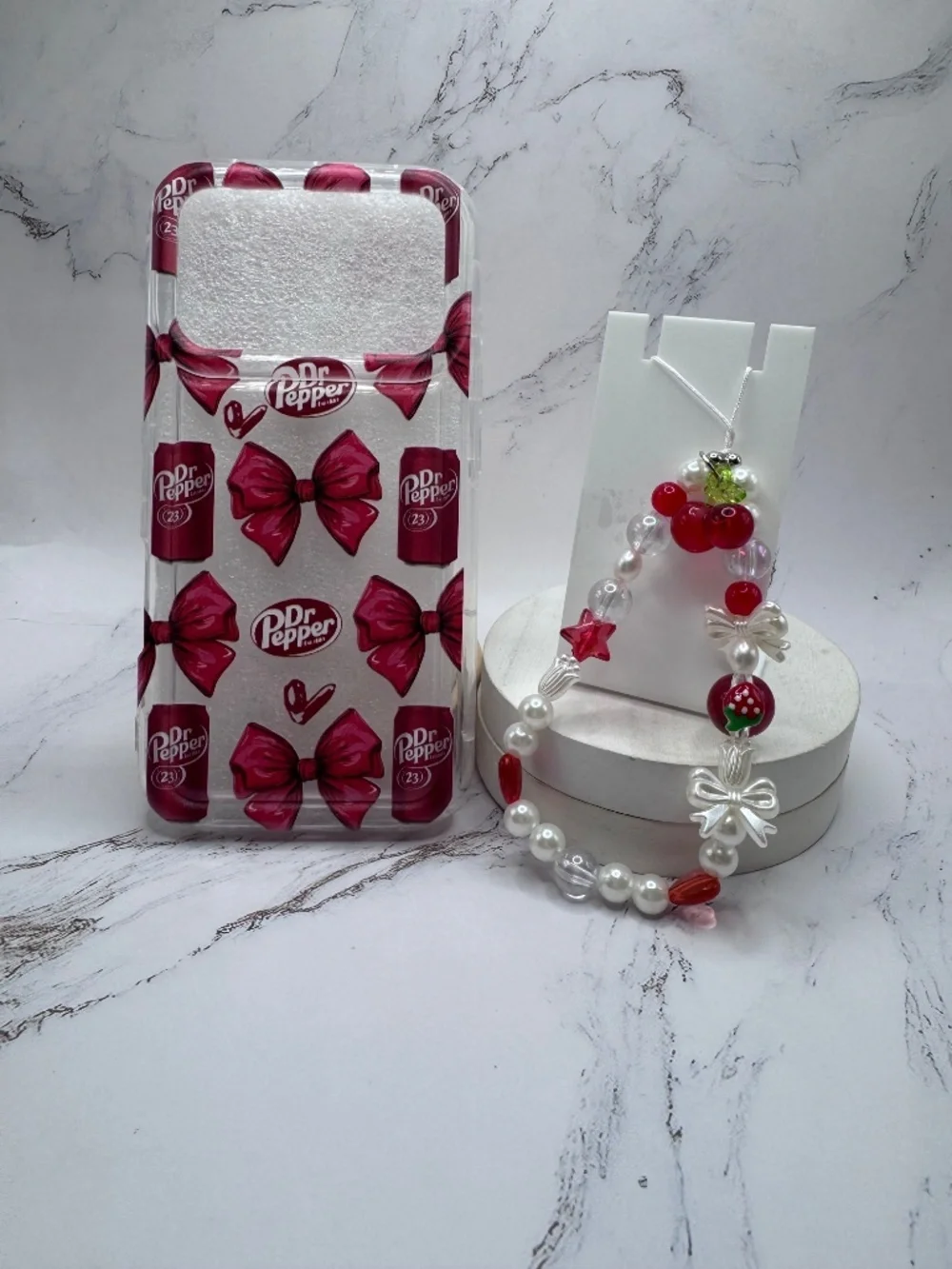 iPhone 17 Pro Dr Pepper Bow Phone Case + Beaded Cherry Bow Charm